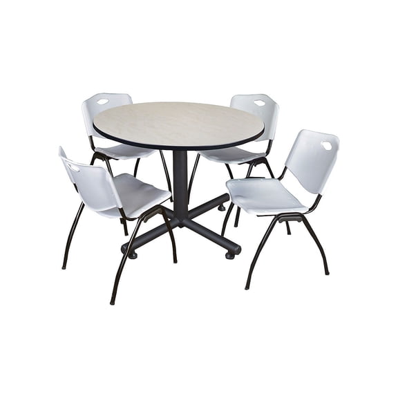 Regency Seating Kobe 48" Round Breakroom Table- Maple & 4 'M' Stack Chairs- Grey (TKB48RNDPL47GY)