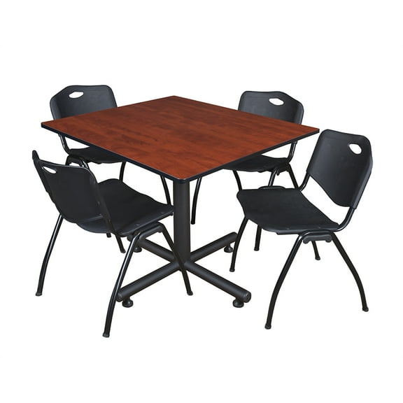 Regency Kobe 48" Square Breakroom Table- Cherry & 4 'M' Stack Chairs- Black