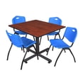 thumbnail image 1 of Kobe 48in. Square Breakroom Table- Cherry & 4 'M' Stack Chairs- Blue, 1 of 9