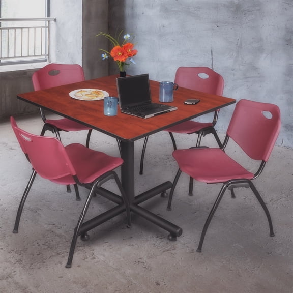 Kobe 48" Square Breakroom Table- Cherry & 4 'M' Stack Chairs- Burgundy
