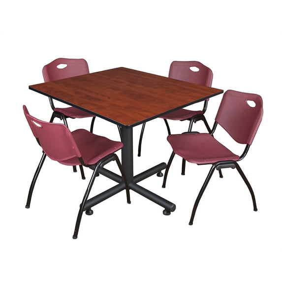 Regency Kobe 48" Square Breakroom Table- Cherry & 4 'M' Stack Chairs- Burgundy