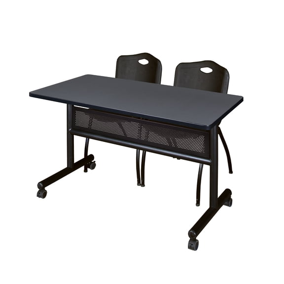 Regency 48" x 24" Flip Top Mobile Training Table with Modesty Panel- Grey and 2 "M" Stack Chairs- Black