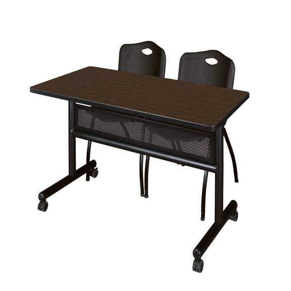 Regency Kobe 48x24" Flip-Top Nesting Table- Neo Walnut/2 M Stack Chairs- Black