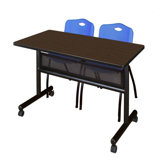 Regency Kobe 48 x 24 in. Flip-Top Privacy Nesting Table- Neo Walnut, 2 M Stack Chairs- Blue