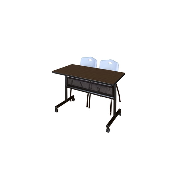 Regency Kobe 48 x 24 in. Flip-Top Privacy Nesting Table- Neo Walnut, 2 M Stack Chairs- Grey