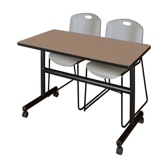 Regency Kobe 48 x 24 in. Flip-Top Training Nesting Table- Noble Oak, 2 Zeng Stack Chairs- Grey