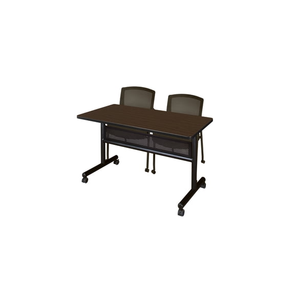 Regency Kobe 48 x 24 in. Flip-Top Training Nesting Table w/ Modesty Panel- Neo Walnut & 2 Knight Mesh Chairs