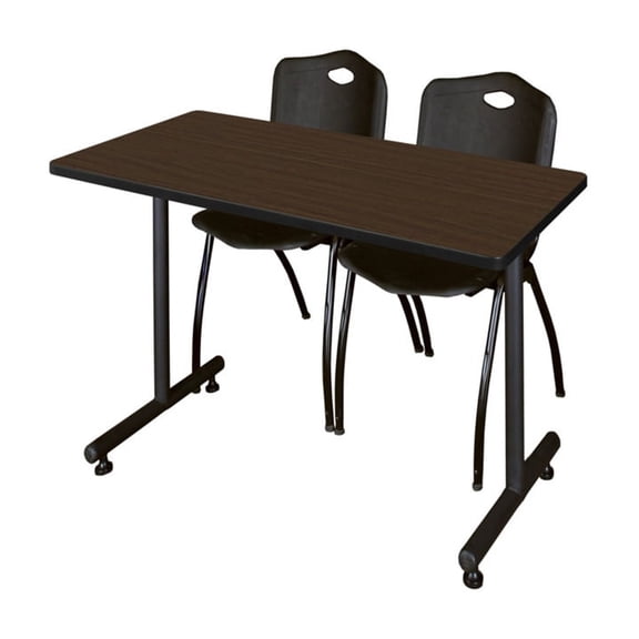 Regency Kobe 48 x 24 in. T-Base Training Seminar Table- Neo Walnut, 2 M Stack Chairs- Black