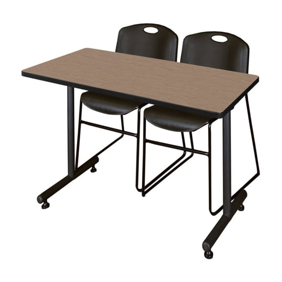 Regency Kobe 48 x 24 in. T-Base Training Seminar Table- Noble Oak, 2 Zeng Stack Chairs- Black