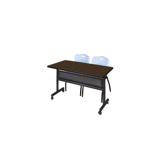 Regency Kobe 48 x 30 in. Flip-Top Privacy Nesting Table- Neo Walnut, 2 M Stack Chairs- Grey