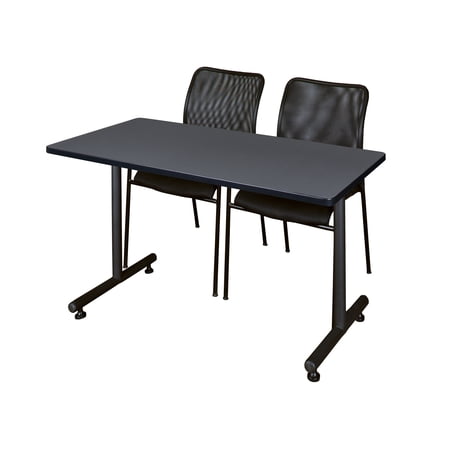 Regency Kobe 48 x 30 in. T-Base Training Seminar Table- Grey, 2 Mesh Stack Chairs- Black