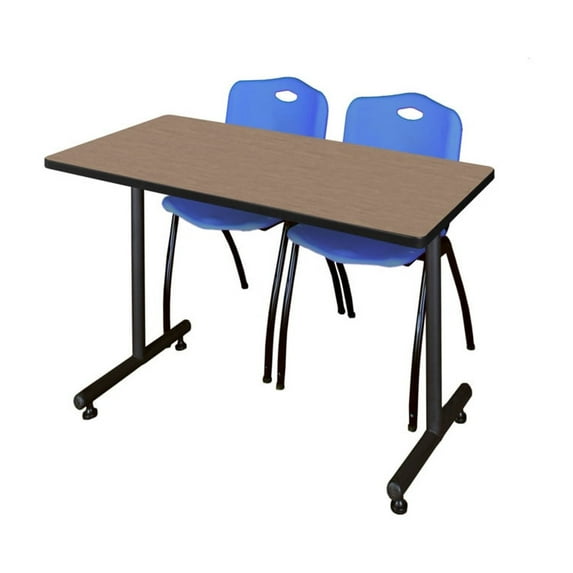 Regency Kobe 48 x 30 in. T-Base Training Seminar Table- Noble Oak, 2 M Stack Chairs- Blue