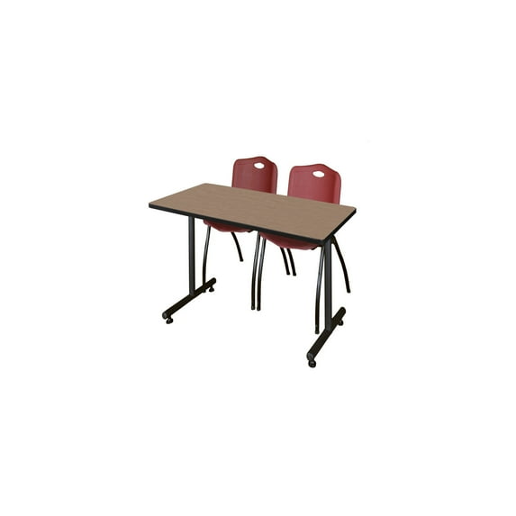 Regency Kobe 48 x 30 in. T-Base Training Seminar Table- Noble Oak, 2 M Stack Chairs- Burgundy