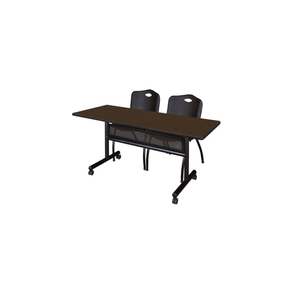 Regency Kobe 60 x 24 in. Flip-Top Privacy Nesting Table- Neo Walnut, 2 M Stack Chairs- Black