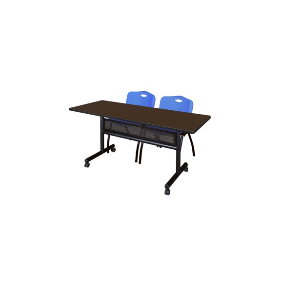 Regency Kobe 60 x 24 in. Flip-Top Privacy Nesting Table- Neo Walnut, 2 M Stack Chairs- Blue