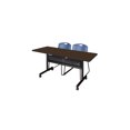 thumbnail image 1 of Regency Kobe 60 x 24 in. Flip-Top Privacy Nesting Table- Neo Walnut, 2 Zeng Stack Chairs- Blue, 1 of 10