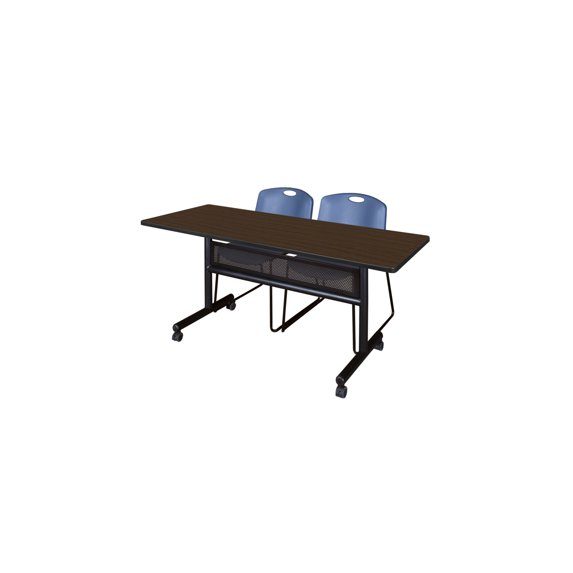 Regency Kobe 60 x 24 in. Flip-Top Privacy Nesting Table- Neo Walnut, 2 Zeng Stack Chairs- Blue