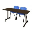 thumbnail image 1 of Regency Kobe 60 x 24 in. Mobile T-Base Training Table- Neo Walnut, 2 M Stack Chairs- Blue, 1 of 10