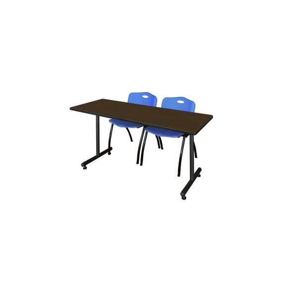 Regency Kobe 60 x 30 in. T-Base Training Seminar Table- Neo Walnut, 2 M Stack Chairs- Blue