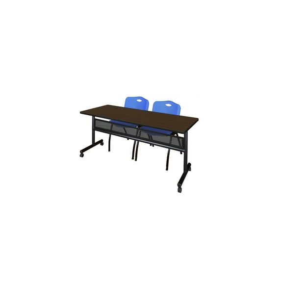 Regency Kobe 72 x 24 in. Flip-Top Privacy Nesting Table- Neo Walnut, 2 M Stack Chairs- Blue