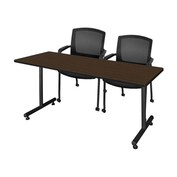 Regency Kobe 72 x 24 in. T-Base Training Seminar Table- Neo Walnut, 2 Knight Mesh Chairs