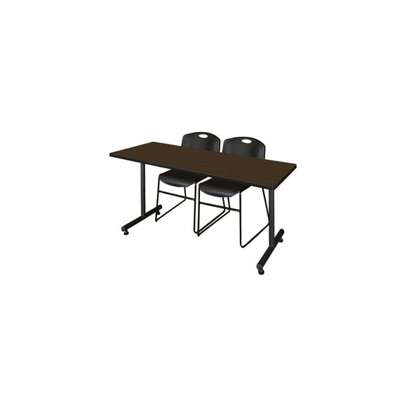 Regency Kobe 72 x 24 in. T-Base Training Seminar Table- Neo Walnut, 2 Zeng Stack Chairs- Black