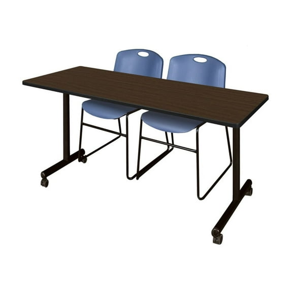 Regency Kobe 72 x 24 in. T-Base Training Seminar Table- Neo Walnut, 2 Zeng Stack Chairs- Blue