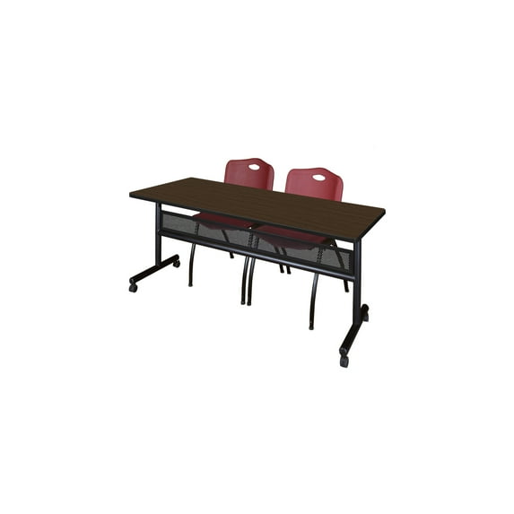 Regency Kobe 72 x 30 in. Flip-Top Privacy Nesting Table- Neo Walnut, 2 M Stack Chairs- Burgundy