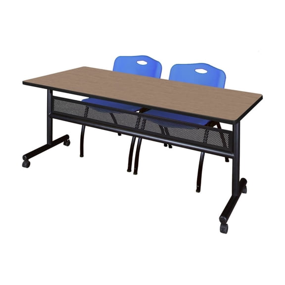 Regency Kobe 72 x 30 in. Flip-Top Privacy Nesting Table- Noble Oak, 2 M Stack Chairs- Blue