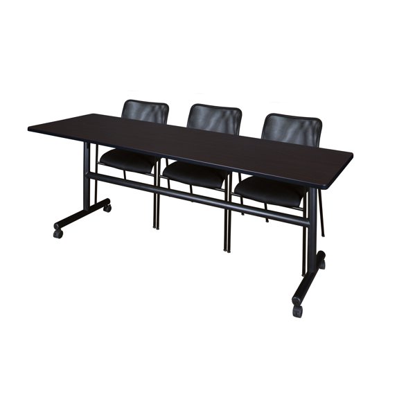 Kobe 84" Flip Top Mobile Training Table- Mocha Walnut & 3 Mario Stack Chairs- Black