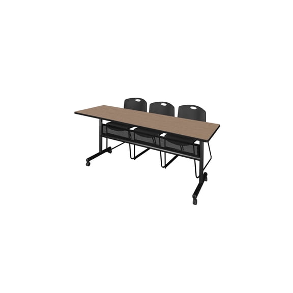 Regency Kobe 84 x 24 in. Flip-Top Privacy Nesting Table- Noble Oak, 2 Zeng Stack Chairs- Black