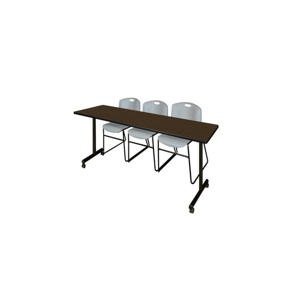 Regency Kobe 84 x 24 in. Mobile T-Base Training Table- Neo Walnut, 2 Zeng Stack Chairs- Grey