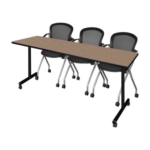 Regency Kobe 84 x 24 in. Mobile T-Base Training Table- Noble Oak, 2 Cadence Nesting Chairs