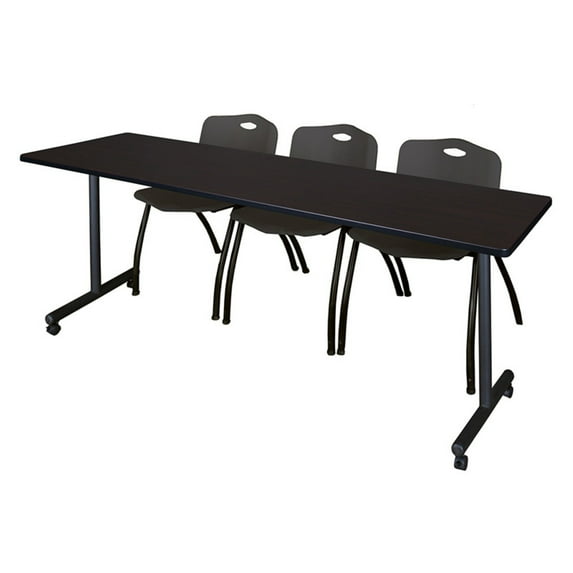 Regency Kobe 84 x 24 in. Mobile T-Base Training Table- Mocha Walnut, 2 M Stack Chairs- Grey