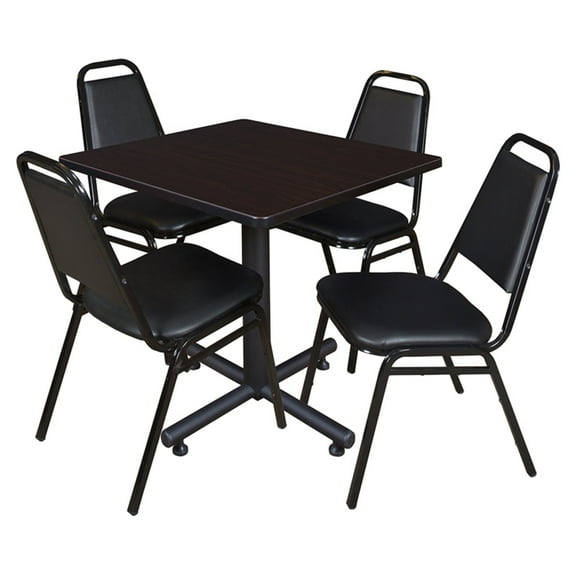 Regency Kobe 48 in. Square Breakroom Table- Mocha Walnut, 4 Restaurant Stack Chairs- Black