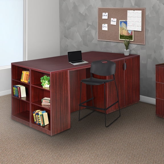 Legacy Stand Up Desk/ 3 Storage Cabinet Quad with Bookcase End- Mahogany