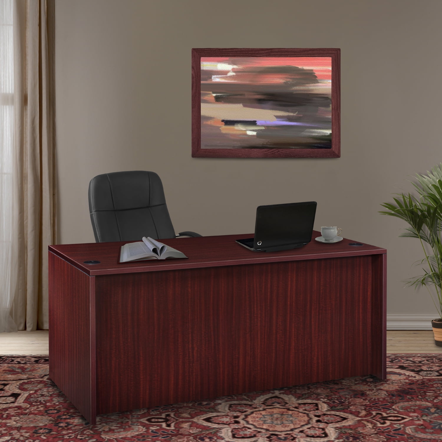 Mahogany Executive Office Desk with Drawer and Filing Cabinet, 60 in.
