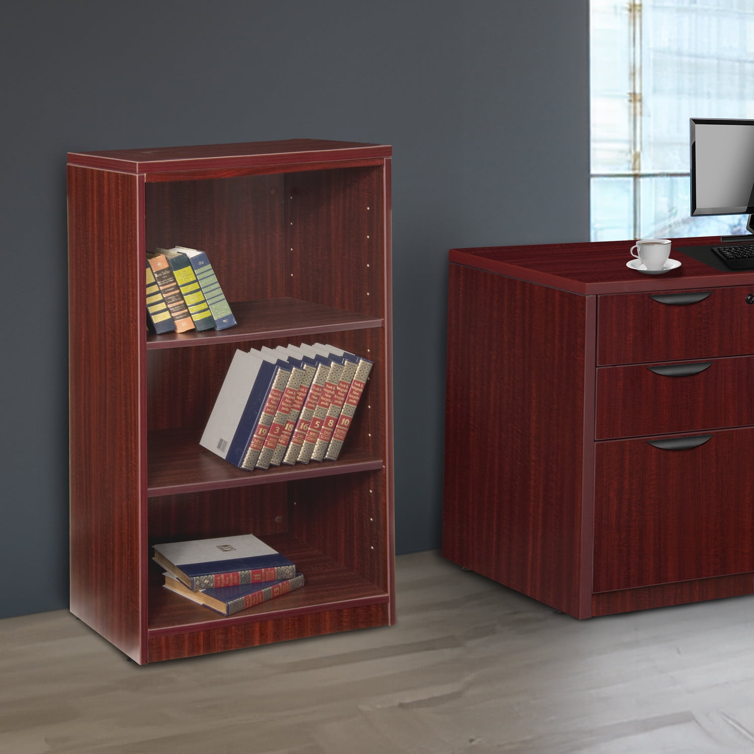 Adjustable Mahogany Wood Stand-Up Bookcase with Doors