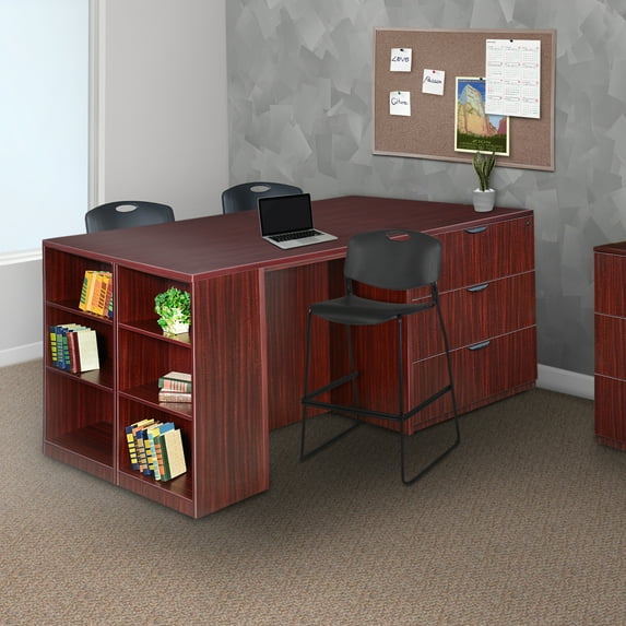 Legacy Stand Up Lateral File/ 3 Desk Quad with Bookcase End- Mahogany