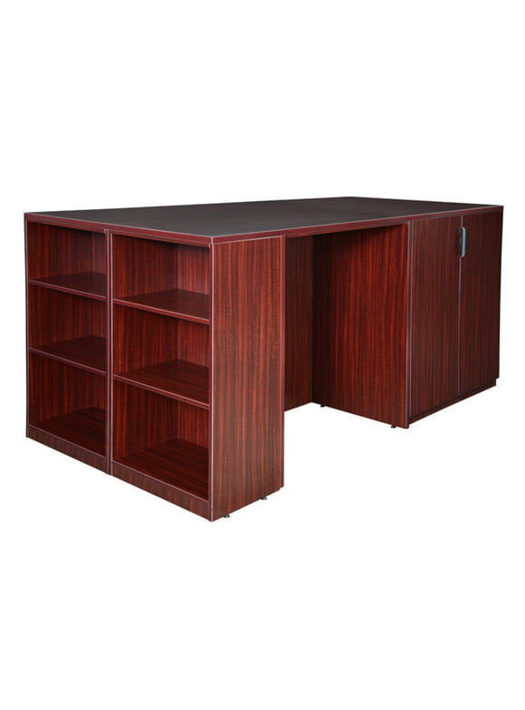 Regency  Legacy Stand Up Storage Cabinet & 3 Desk Quad with Bookcase End, Mahogany