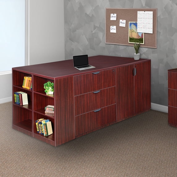 Regency Legacy Stand Up Storage Cabinet/ 3 Lateral File Quad with Bookcase End- Mahogany