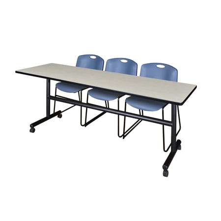 Regency Kobe 84 x 24 in. Flip-Top Training Nesting Table- Maple, 2 Zeng Stack Chairs- Blue