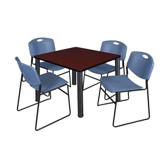Regency Mahogany 36 in. Kee Square Breakroom Table with Black & Blue 4 Zeng Stack Chairs