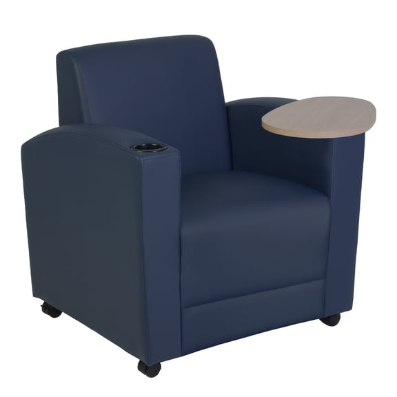 Regency Nova Arm Chair with 360-Degree Swiveling Tablet, Navy Blue Upholstery, Noble Oak Finish, Ergonomic Design for Office, Home, Study, or Lounge Seating