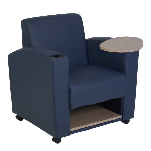 Regency Nova Arm Chair with 360-Degree Swiveling Tablet, Noble Oak Finish, Navy Blue Vinyl Upholstery, Under-Seat Storage, Ergonomic Design for Office, Home, Study, or Lounge Seating