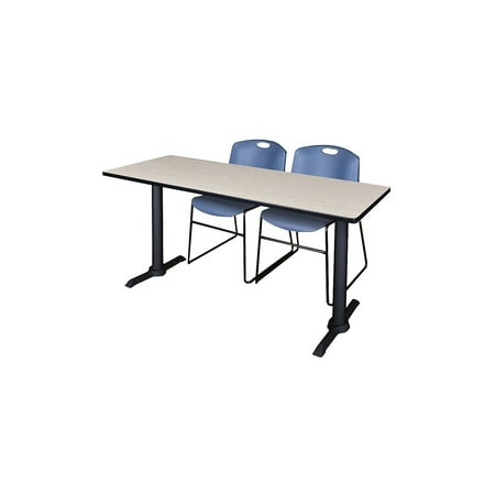 Regency Cain 72 x 24 in. T-Base Training Seminar Table- Maple & 2 Zeng Stack Chairs- Blue