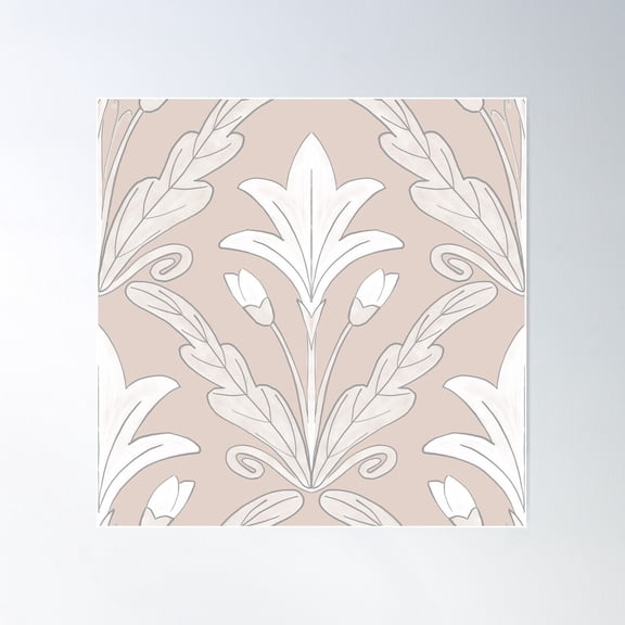 Regency Style Modern Floral Damask Medallion Pattern In Neutral Taupe Beige And Cream Poster Wall Art, Modern Wall Decor For Living Room Bedroom, 17x17 UNFRAMED