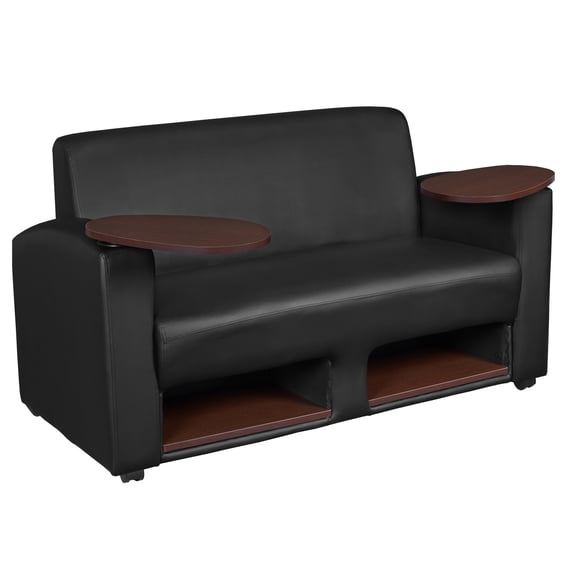 Regency Supernova Loveseat with 360-Degree Swiveling Tablet Arm, Under-Seat Storage, Java Finish, Black Vinyl Upholstery, Ergonomic Seating for Offices, Lounges, or Classrooms