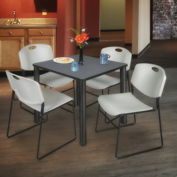 Regency TB3030GYBPBK44GY 30 in. Kee Square Breakroom Table & 4 Zeng Stack Chairs, Grey, Black & Grey