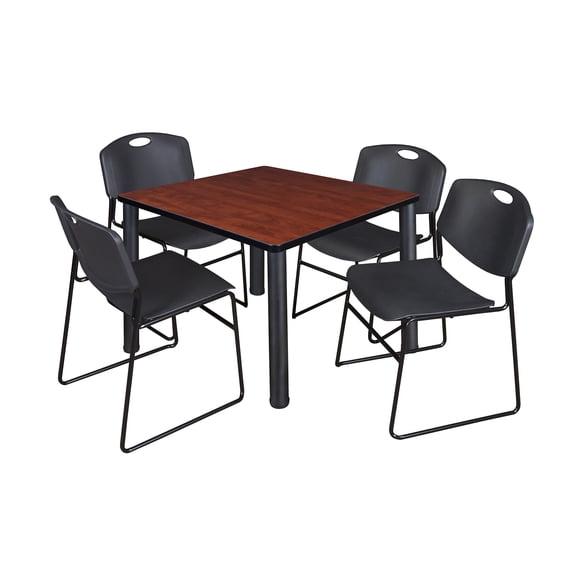 Regency Kee 36 in Square Breakroom Table- Cherry Top, Black Legs, 4 Zeng Stack Chairs- Black